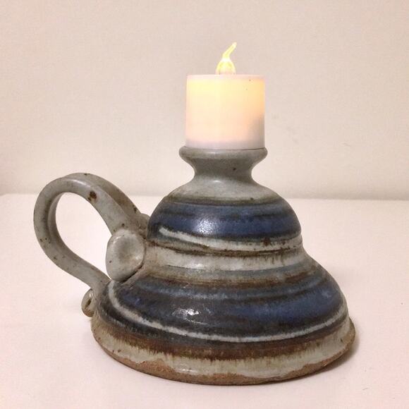 Candleholder handmade stoneware blue & grey EUC - Picture 1 of 8